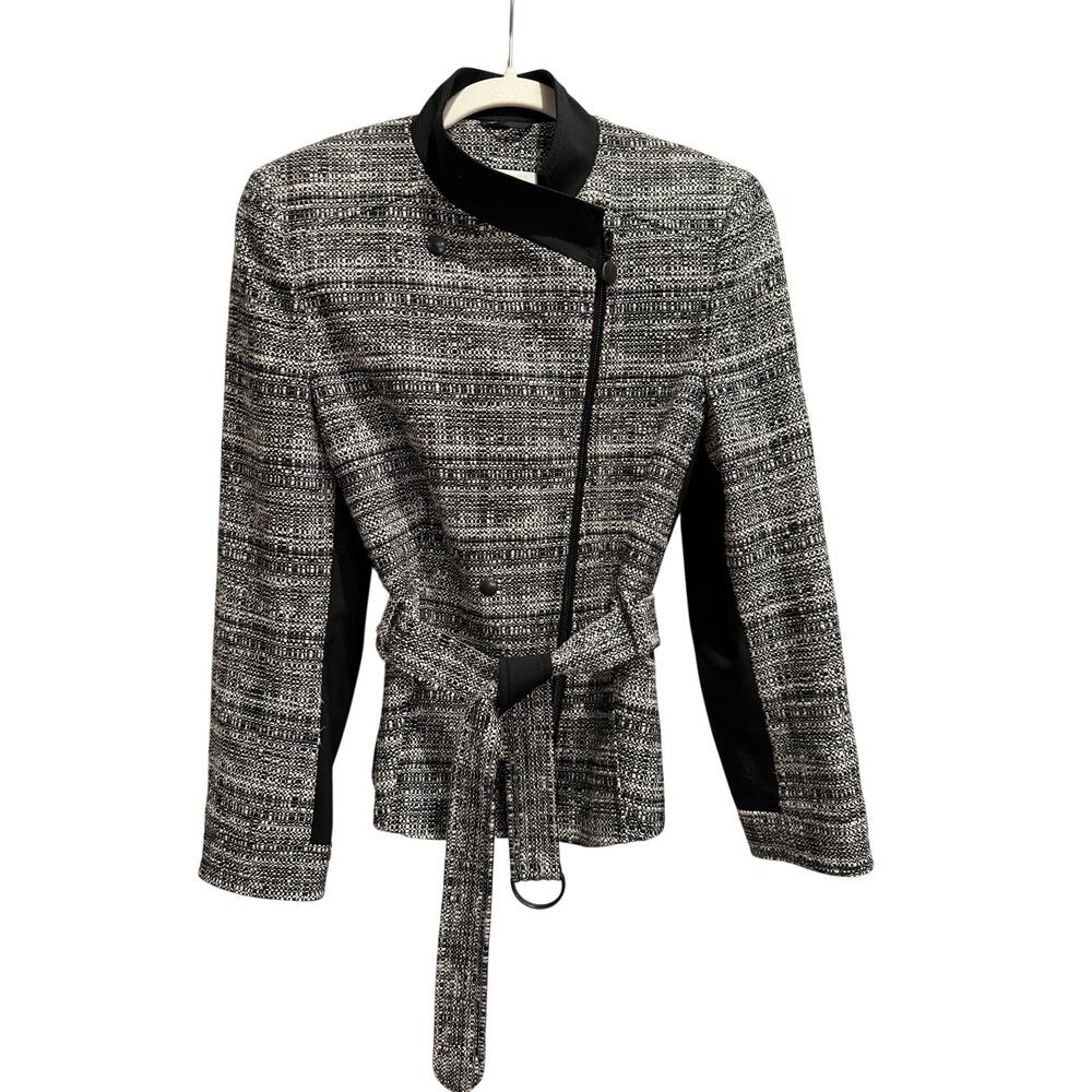 Akris Punto 40 Black White Tweed Asymmetric Zip Belted Mixed Media Jacket EUC